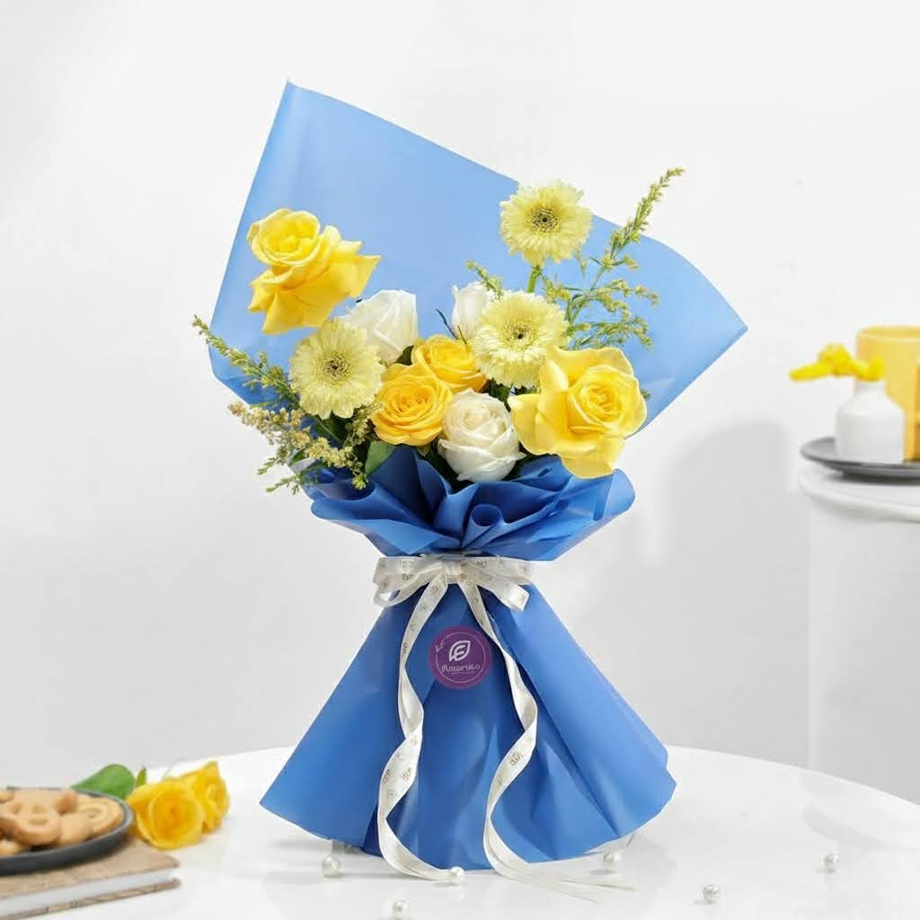 Azure Radiance: Yellow Roses & Gerberas in Blue